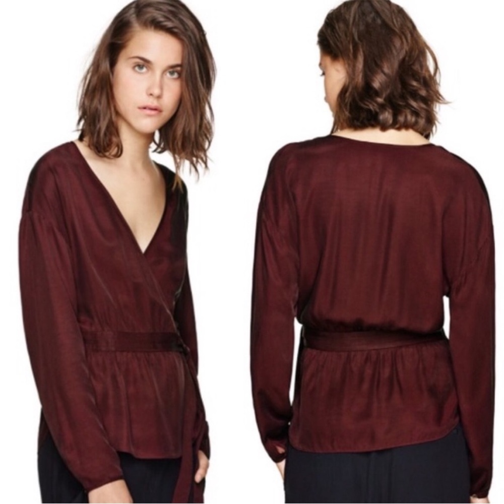 Aritzia Wilfred Anemone Blouse Wrap Tie Up Belted V-neck Truffle Maroon Size XS